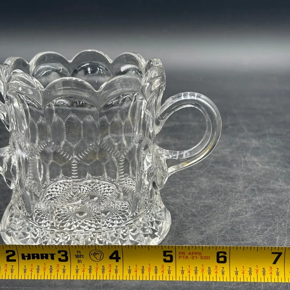 Vtg Rare Pressed Glass Scalloped Sugar Bowl Honeycomb Diamond Pattern 4